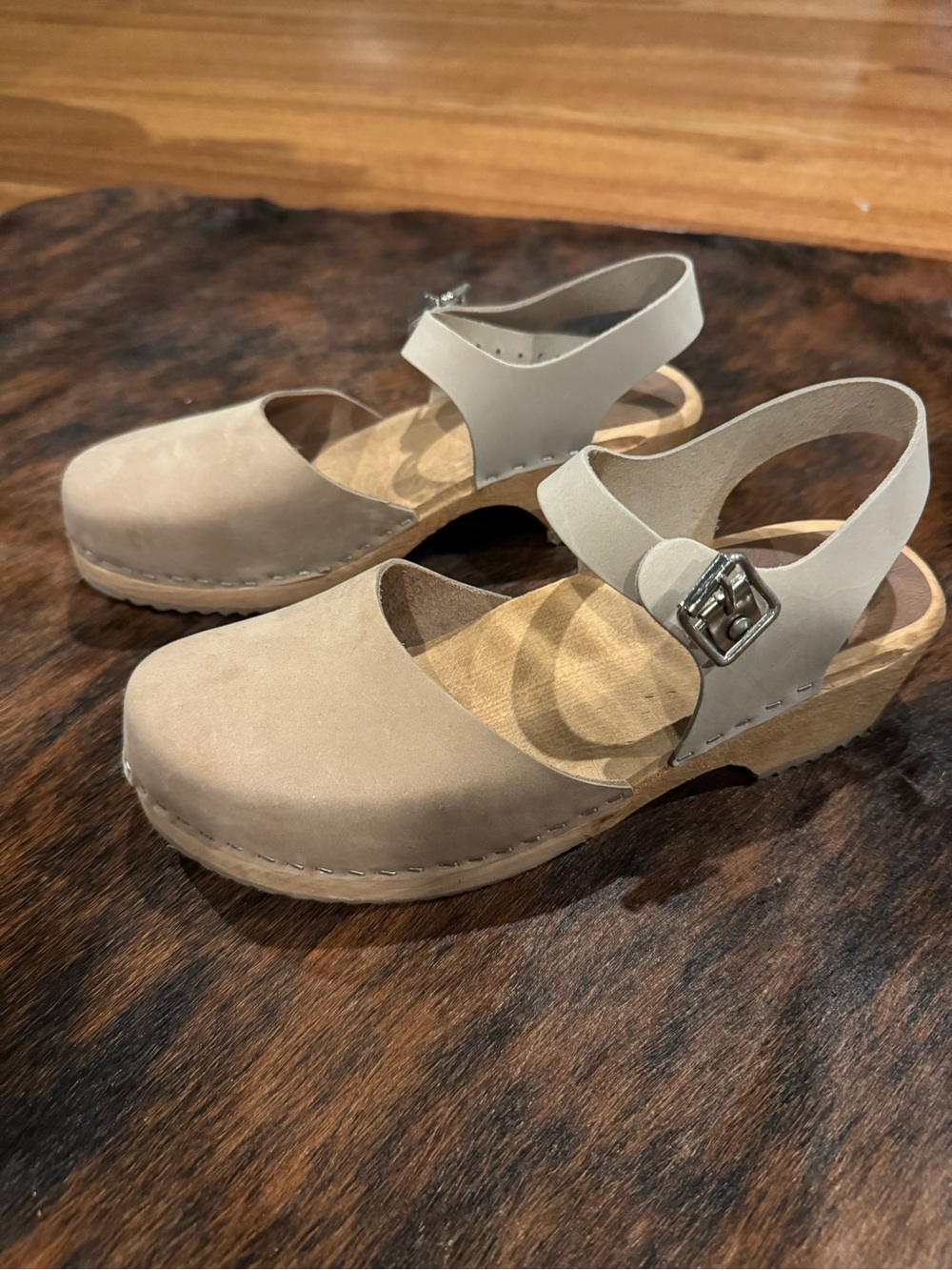 Suede Taupe Women's Clog Sandals with Adjustable Buckle